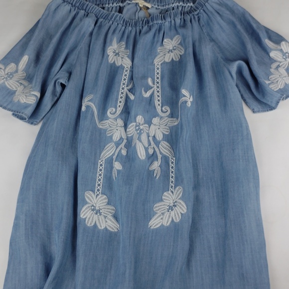 Easel Womens Washed Blue Off-Shoulder Embroidered Tunic Dress. - Picture 12 of 14